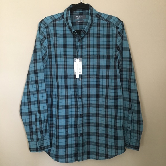 Men’s Teal & Navy Blue Checkered Plaid Shirt - Picture 1 of 8